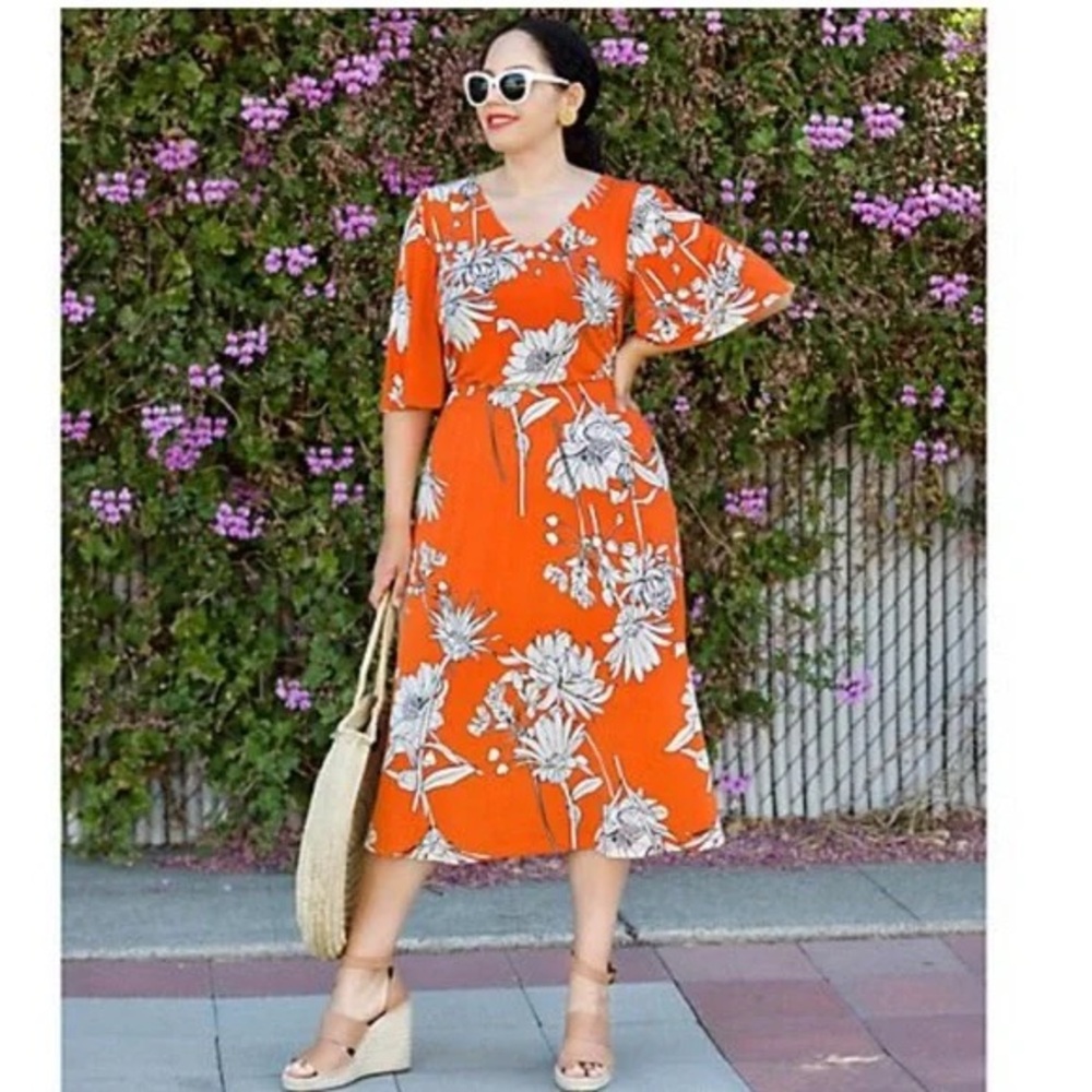 Floral Orange Midi Dress with V-Neck